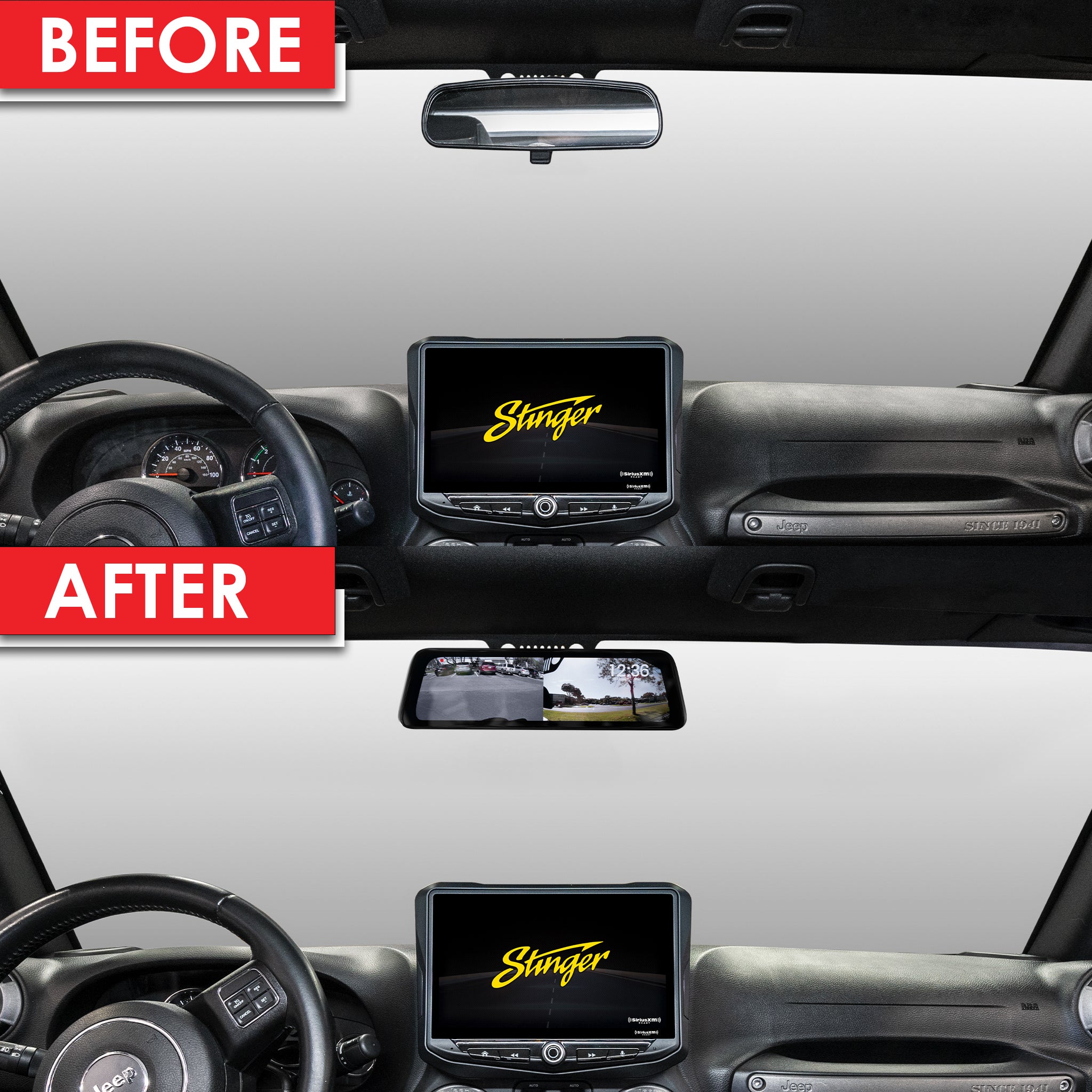 Jeep Wrangler HD Backup Camera & Replacement Rearview Mirror with Full Screen Monitor Kit & Built-In DVR