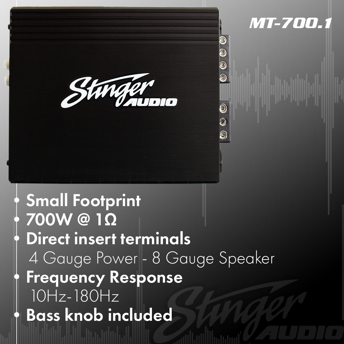"MT-700.1, Small Footprints, 700W @ 1 OHM, Direct insert terminals: 4 Gauge Power - 8 Gauge Speaker, Frequency Response: 10Hz-180Hz, Bass knob included"