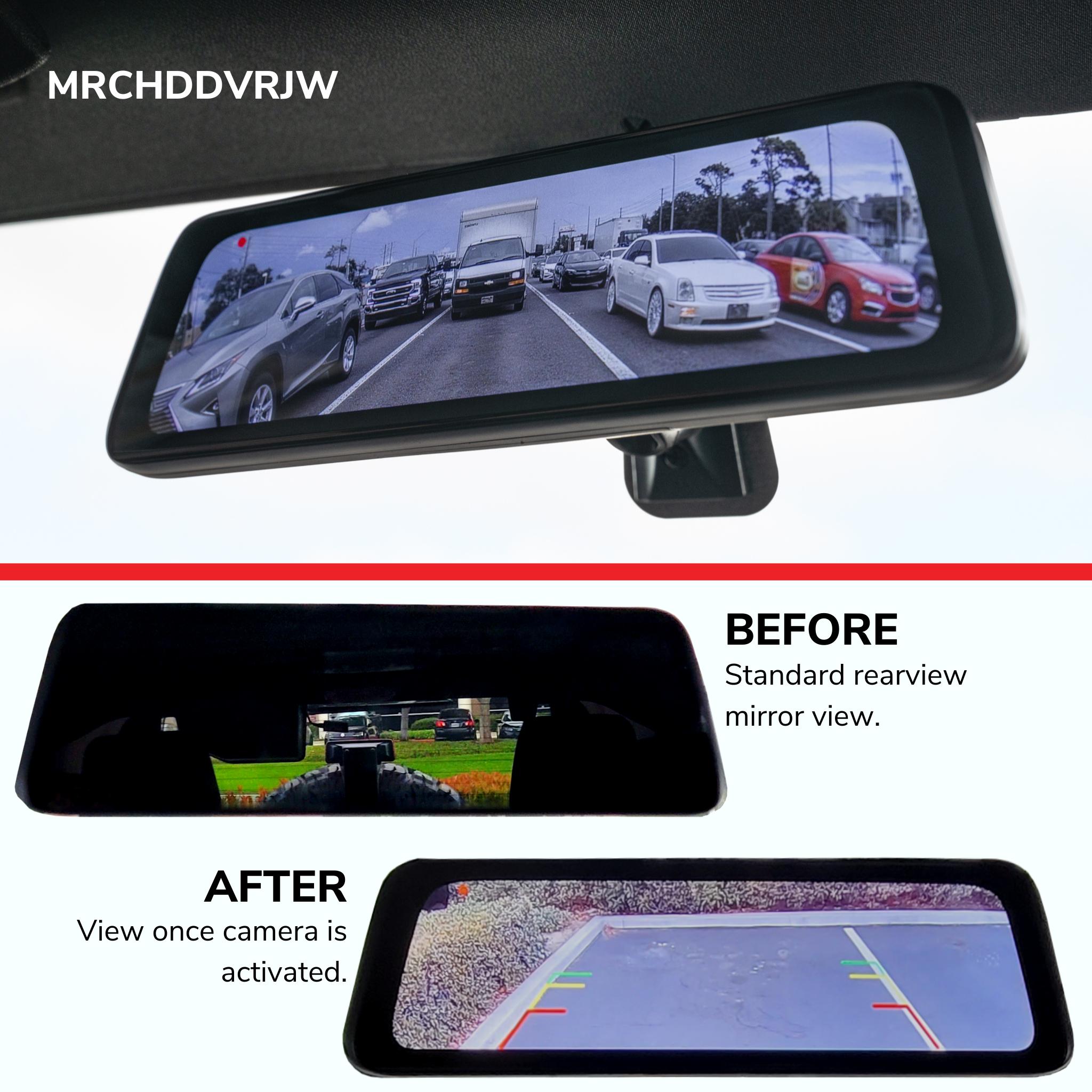 Jeep Wrangler HD Backup Camera & Replacement Rearview Mirror with Full Screen Monitor Kit & Built-In DVR