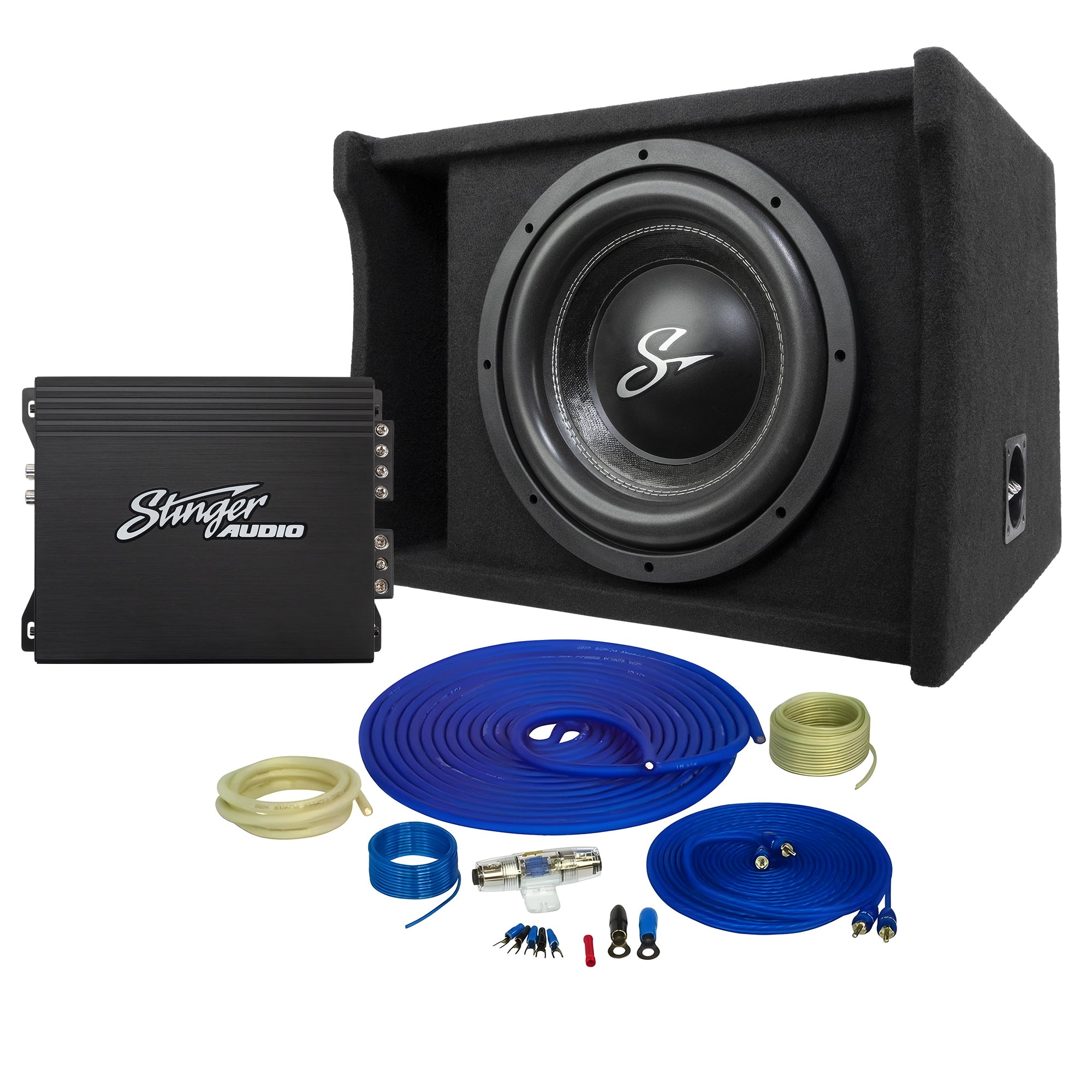 Stinger Audio Party Pack - Single 12" 700W (RMS)/1200W (Max) Loaded Ported Subwoofer Enclosure + Amplifier + Amp Wiring Kit