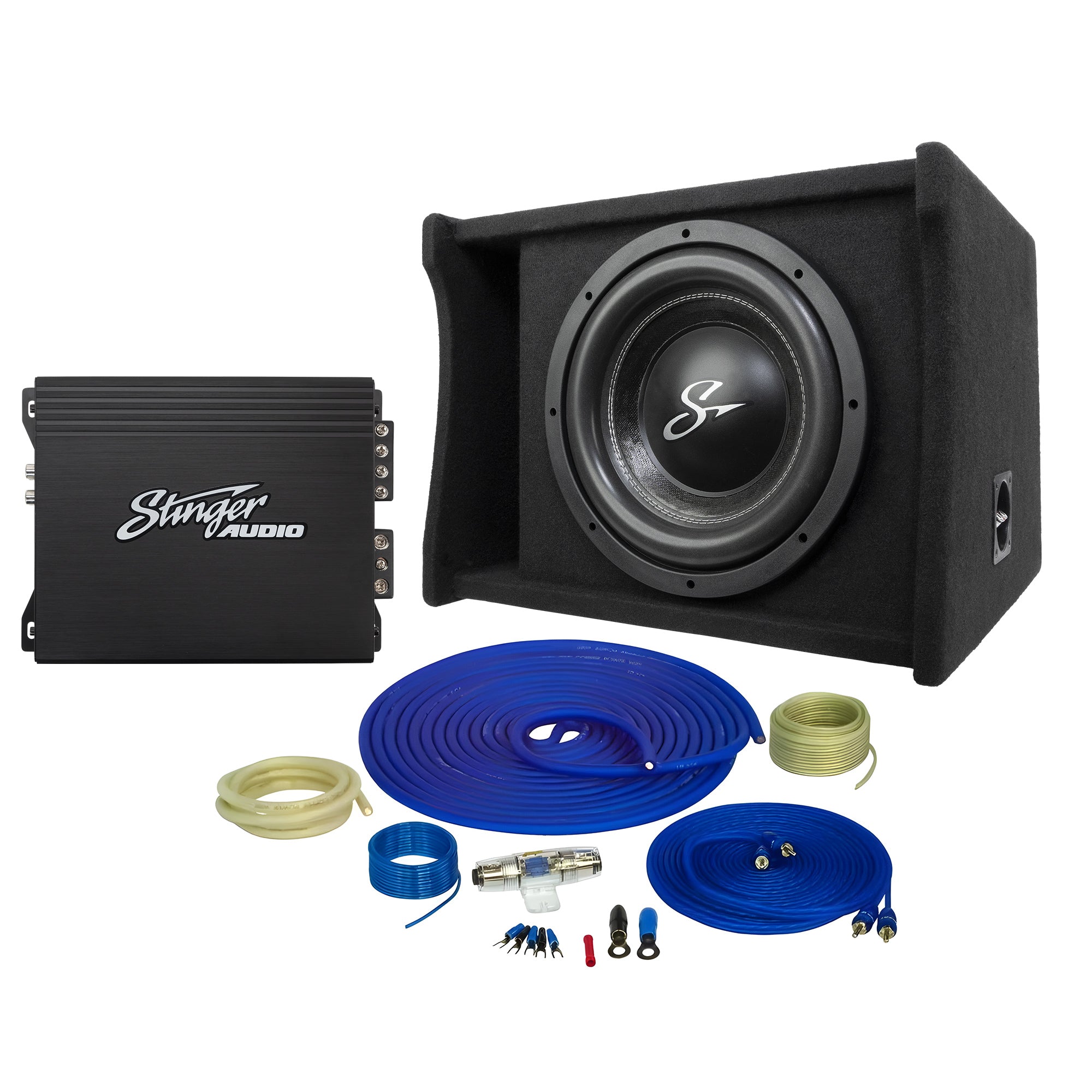 Stinger Audio Party Pack - Single 12" or 10" 700W (RMS)/1200W (Max) Loaded Ported Subwoofer Enclosure + Amplifier + Amp Wiring Kit