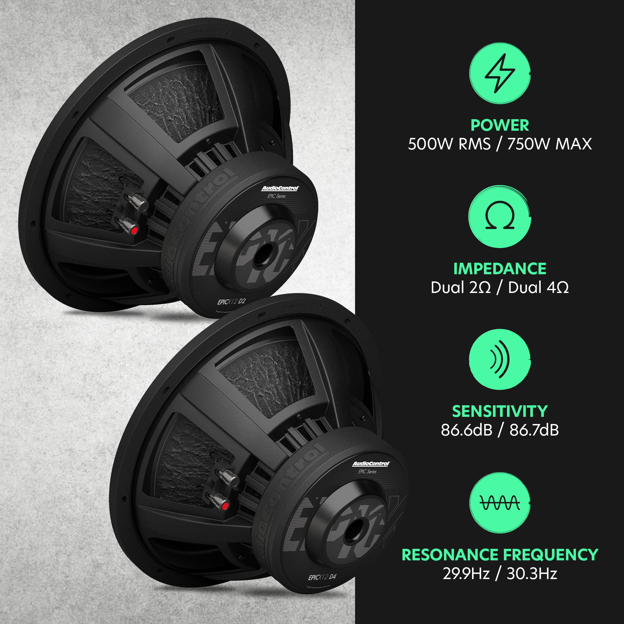 AudioControl EPICX Series 12" Subwoofer, Dual Voice Coil (DVC), 500W RMS/750W Max