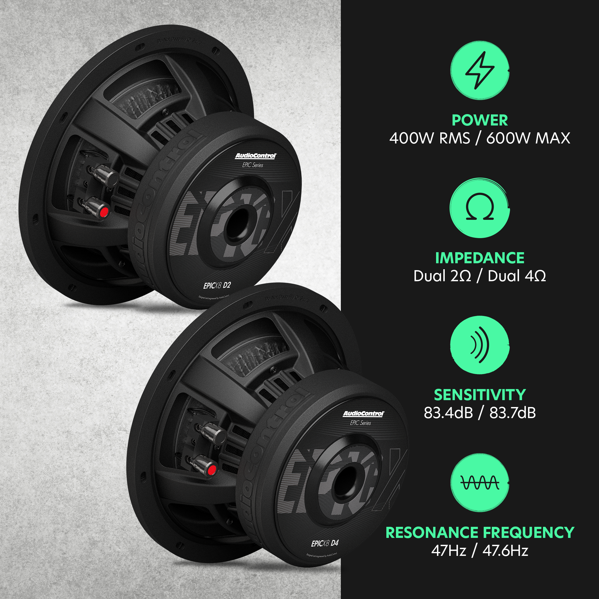 AudioControl EPICX Series 8" Subwoofer, Dual Voice Coil (DVC), 400W RMS/600W Max