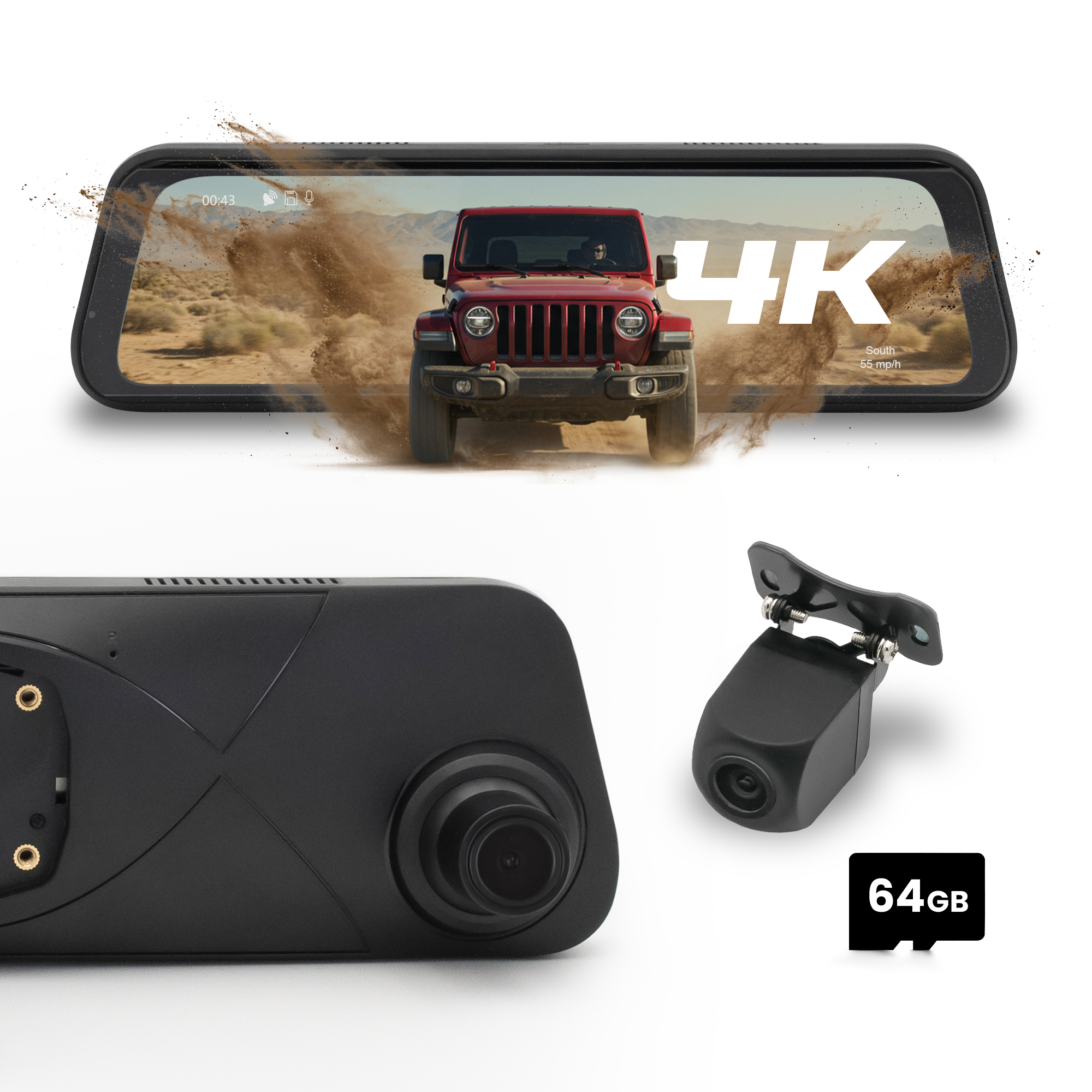 Stinger STR4K 9" 4K RearView DVR Monitor Mirror Camera | Front & Rear Dash/Backup Camera Kit