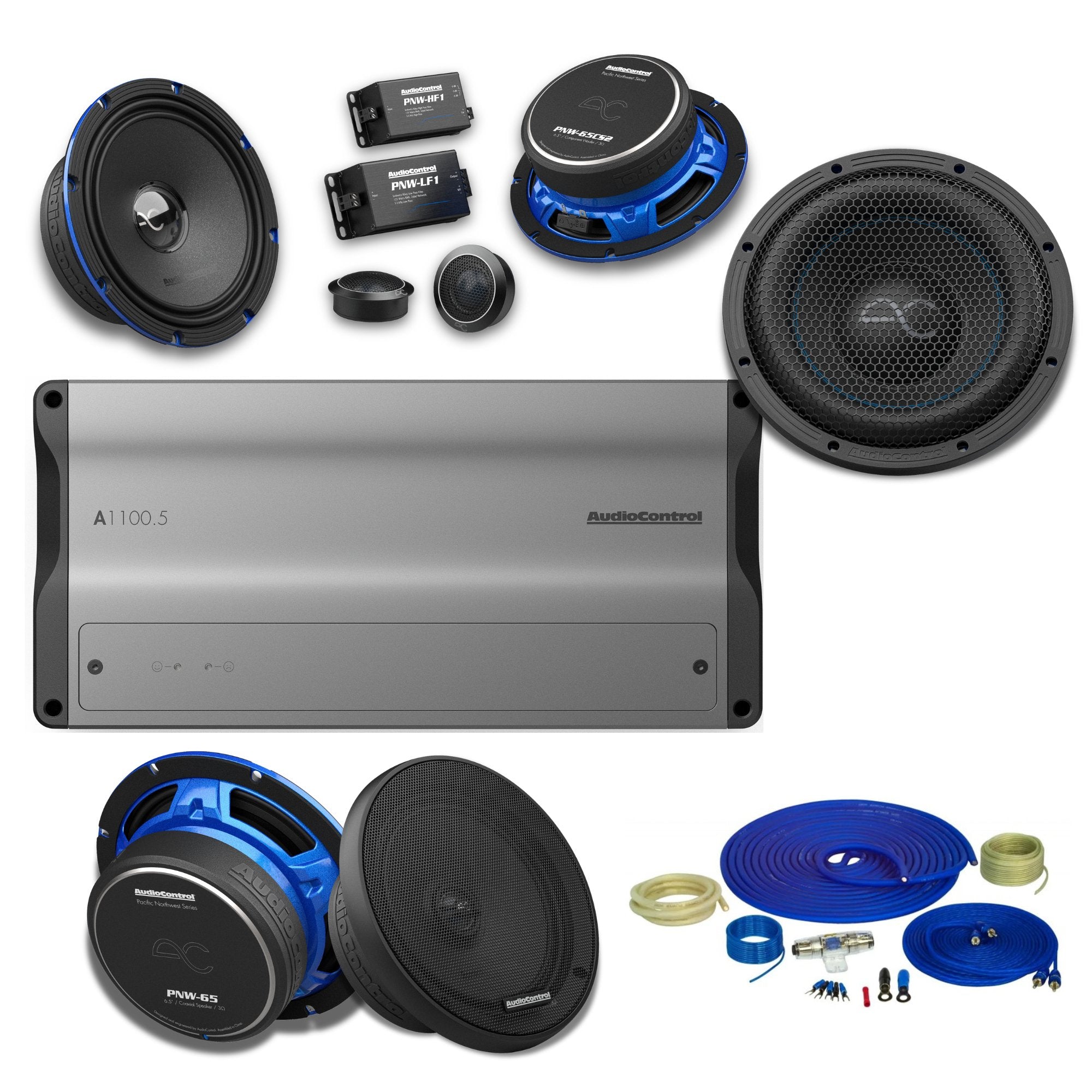 AudioControl Altitude A1100.5 Amplifier Bundle with PNW 6.5" Speaker Pairs, 10" Subwoofer, & Amplifier Wiring Kit