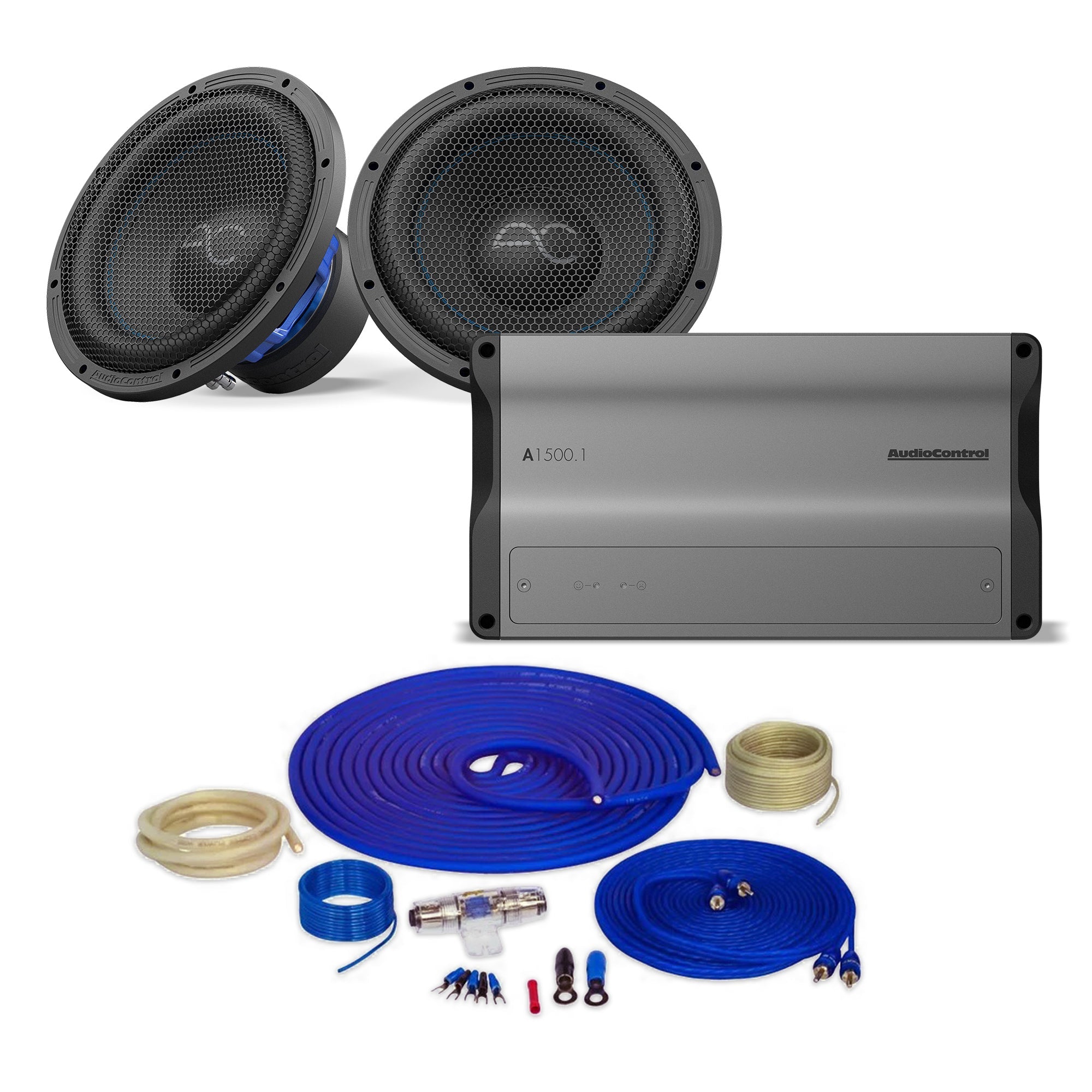 AudioControl Altitude A1500.1 Amplifier Bundle with 12" Subwoofer Pair & Amplifier Wiring Kit