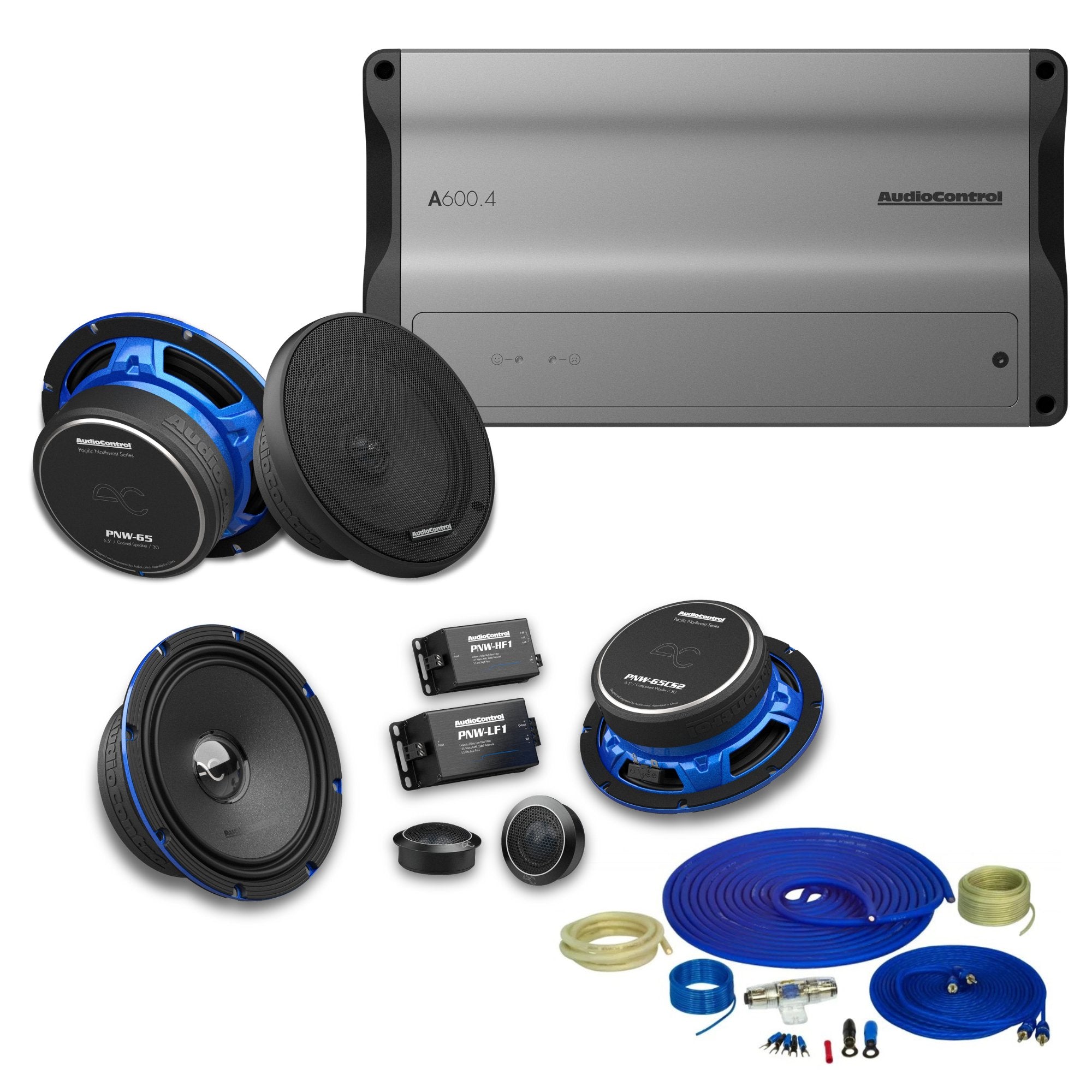 AudioControl Altitude A600.4 Amplifier Bundle with PNW 6.5" Speaker Pairs, & Amplifier Wiring Kit