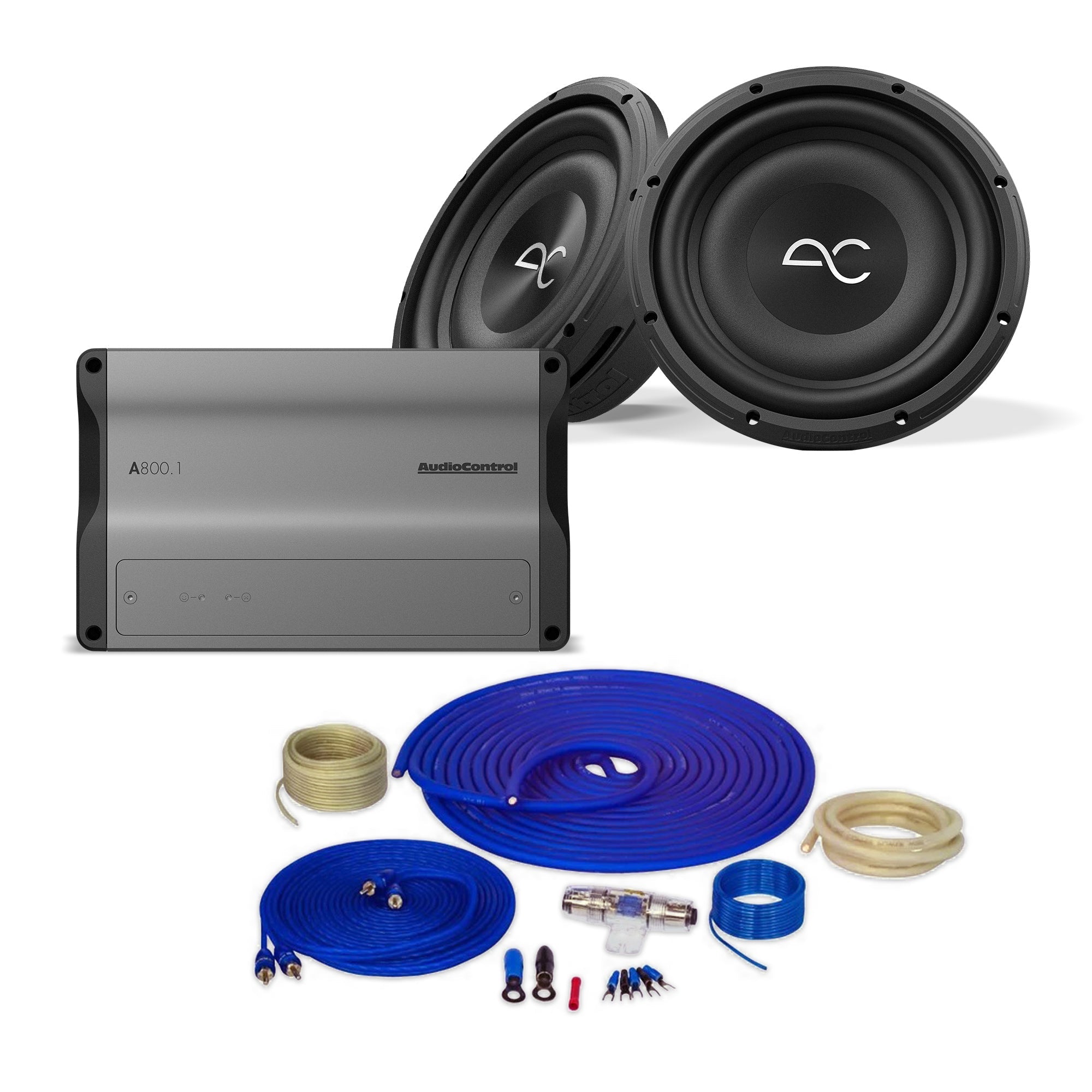 AudioControl Altitude A800.1 Amplifier Bundle with 10" Subwoofer Pair & Amplifier Wiring Kit