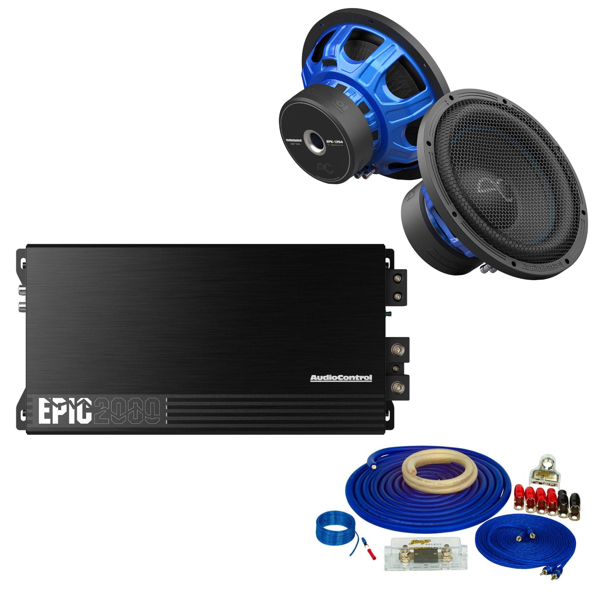 AudioControl EPIC2000 Amplifier Bundle with 12" Subwoofer Pair & Wiring Kit