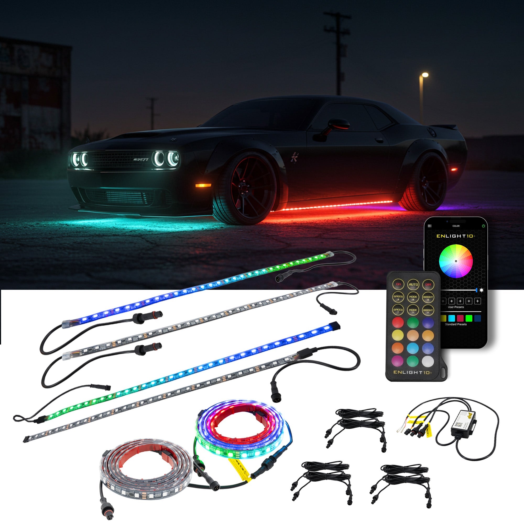 ENLIGHT10 6 Piece Dynamic RGB LED Underglow Strip Light Kit with On/Off Adapter and Bluetooth Remote