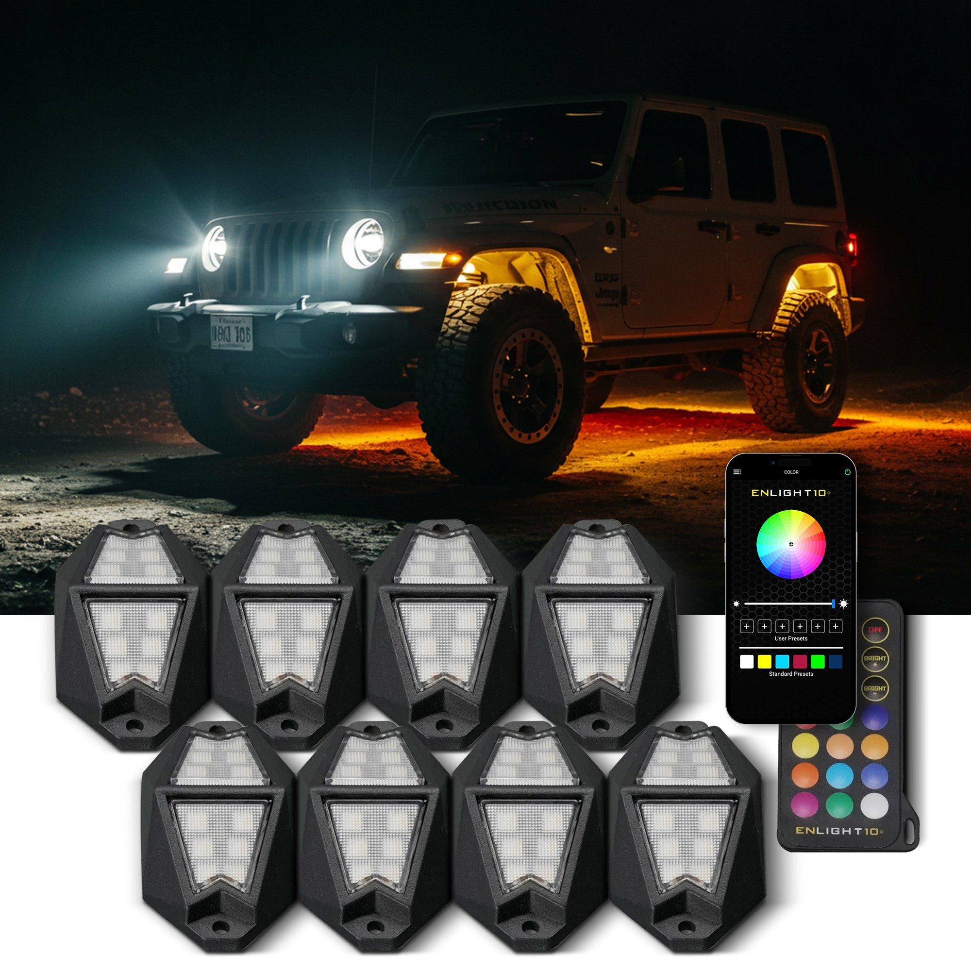 ENLIGHT10 8 Piece RGB Dynamic Rock Light Kit with Bluetooth Remote and On/Off Switch